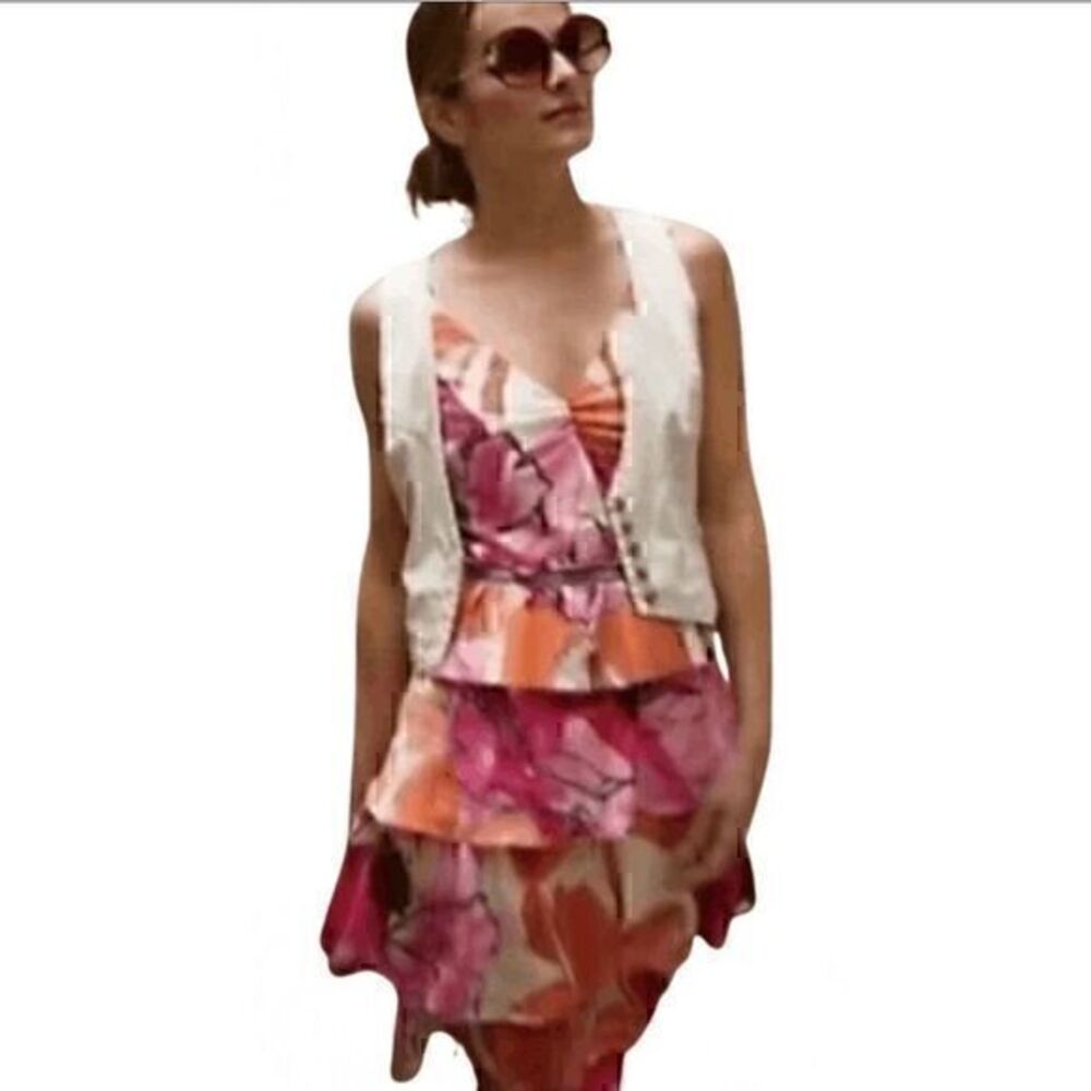 Moulinette Soeurs Anthropologie Womens Pink Silk Floral Layered Fit and Flare Dr